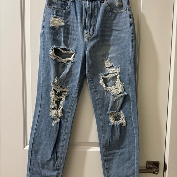 SHEIN Denim - SHEIN Light Blue Distressed Boyfriend Jeans